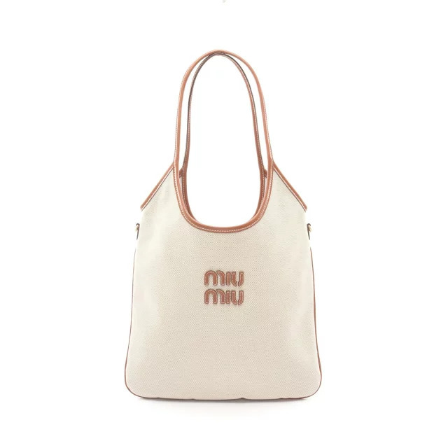 Miu Miu Canvas Tote Bag Leather Beige Brown